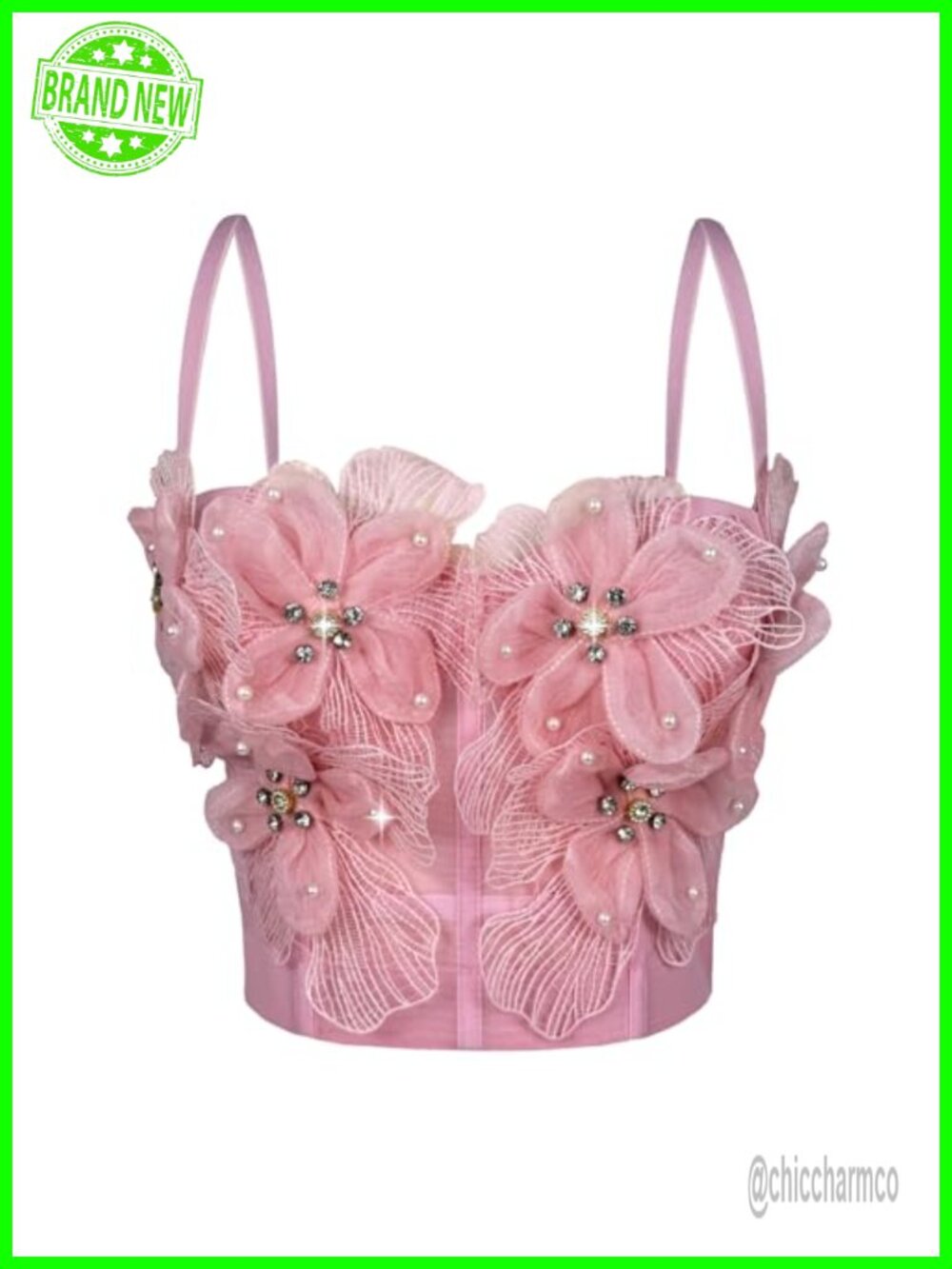 Women's 3D Flower Mesh Rhinestone Bustier Crop Corset Top